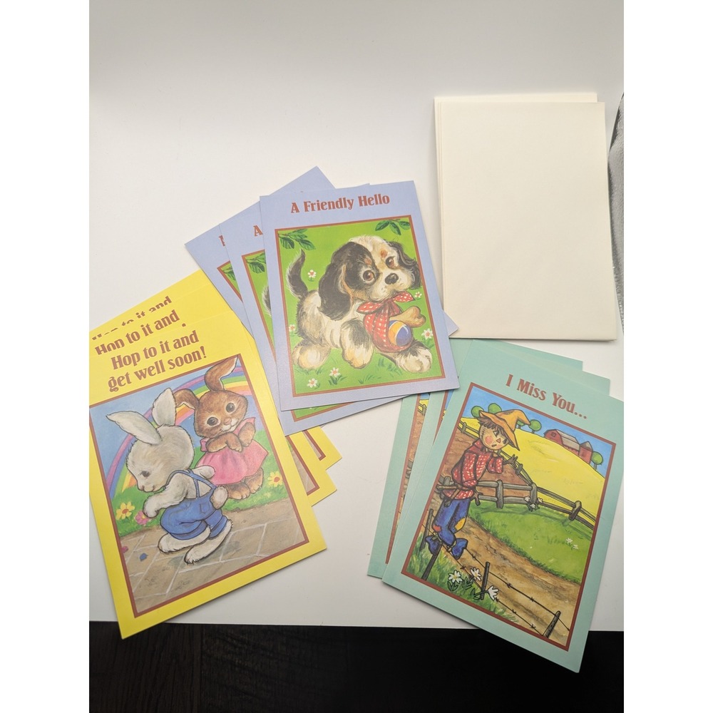 Vintage Childrens Greeting Cards with Animals and Games 9 Cards with Envelopes